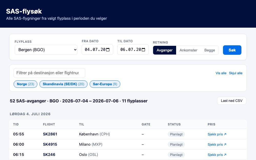 Skjermbilde av SAS-flysøk